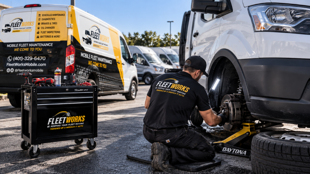 FleetWorks technician performing brake and tire service